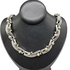 Trifari Rare Choker Necklace 16" Silver Tone Faux Gray Pearls Rhinestones